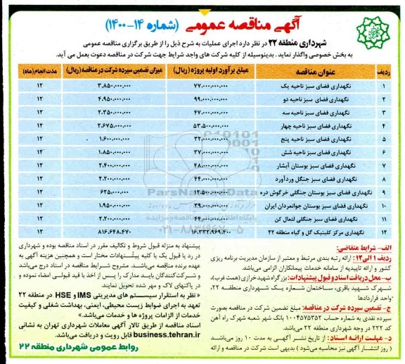 مناقصه، مناقصه نگهداری فضای سبز ناحیه یک ... 
