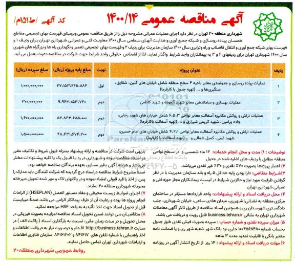 مناقصه، مناقصه عملیات پیاده روسازی و جدولبندی معابر ناحیه 4 سطح منطقه...