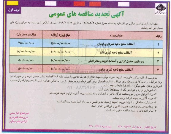 تجدید مناقصه، مناقصه آسفالت سطح ناحیه شهرداری..