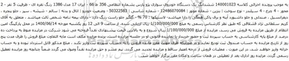 آگهی مزایده ششدانگ یک دستگاه خودروی سواری پژو پارس