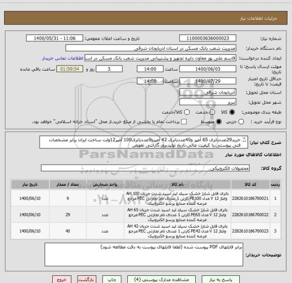 استعلام خرید29عددباتری 65 آمپر و40عددباتری 42 آمپرو9عددباتری100 آمپر12ولت ساخت ایران برابر مشخصات فنی پیوستی،با کیفیت عالی،تاریخ تولیدبروز،گارانتی تعویض 
