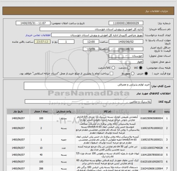 استعلام خرید لوازم پذیرایی و مصرفی