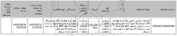 فراخوان ارزیابی کیفی لوله آبده فولادی 150 میلیمتر(6 اینچ) آبده مانسمان  رزوه شده با وصل  به طول 564 متر و یک عدد سرتخلیه 6 اینچ کلوت شهرستان سبزوار