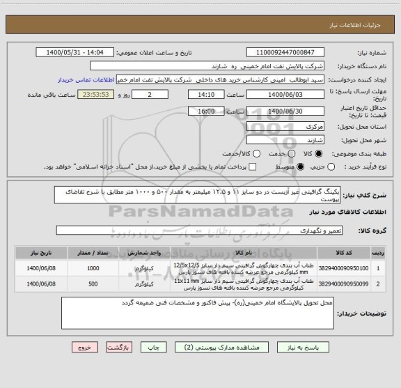 استعلام پکینگ گرافیتی غیر آزبست در دو سایز ۱۱ و ۱۲.۵ میلیمتر به مقدار ۵۰۰ و ۱۰۰۰ متر مطابق با شرح تقاضای پیوست 