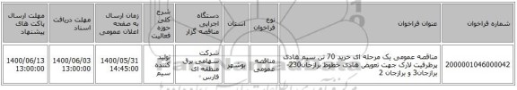 مناقصه عمومی یک مرحله ای خرید 70 تن سیم هادی پرظرفیت لارک جهت تعویض هادی خطوط برازجان230- برازجان3 و برازجان 2