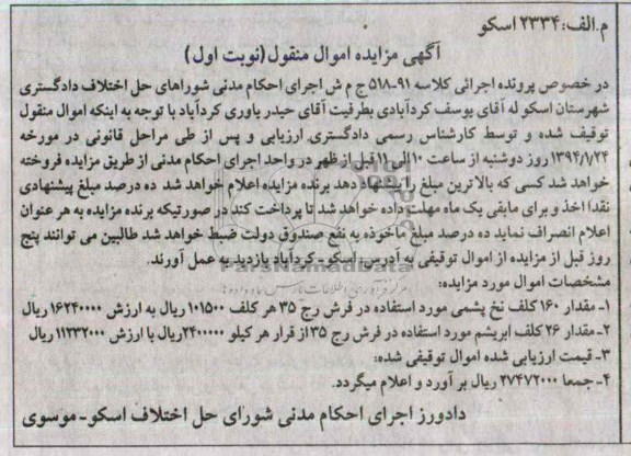 مزایده اموال منقول , مزایده اموال منقول مقدار 160 کلف نخ پشمی