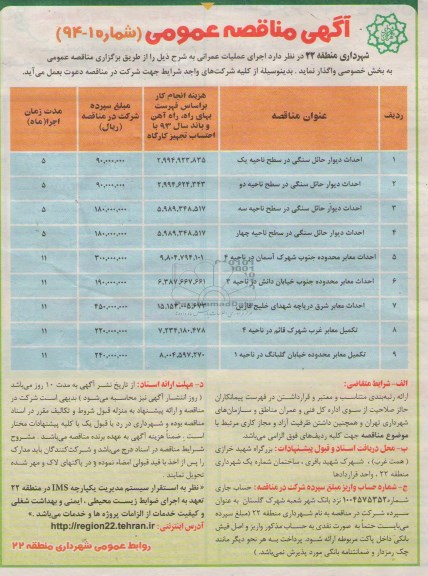 آگهی مناقصه عمومی, مناقصه احداث دیوار حائل سنگی