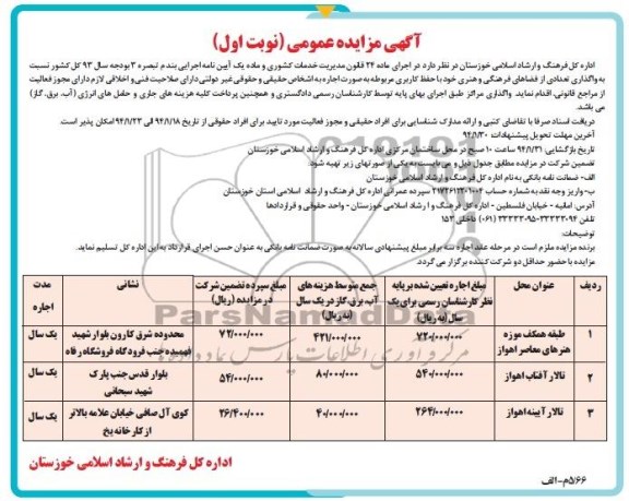 آگهی مزایده عمومی, مزایده واگذاری تعدادی از فضاهای فرهنگی و هنری