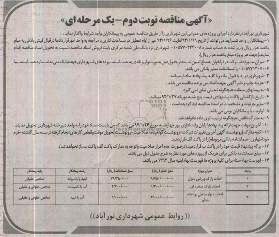 آگهی مناقصه, مناقصه اجرای پروژه های عمرانی شامل احداث پارک ورزشی و ...