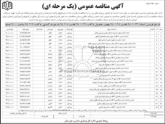 آگهی مناقصه عمومی, مناقصه احداث و تکمیل پروژه شامل احداث یکباب معلم سرا و ...