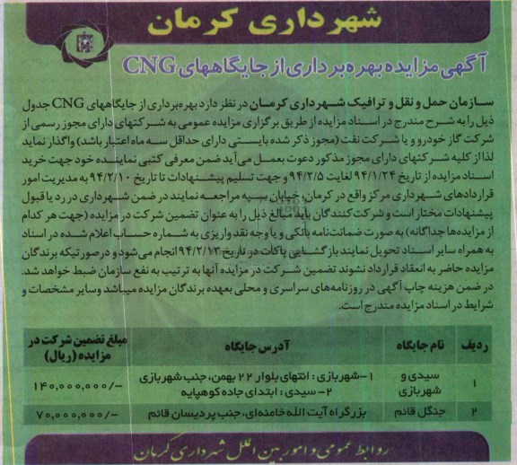 آگهی مزایده ,مزایده بهره برداری از جایگاه های CNG