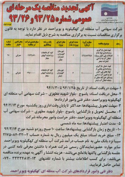 تجدید مناقصه , تجدید مناقصه تهیه ، حمل ، بارگیری و باراندازی لوله ها و اتصالات پلی اتیلن پروژه انتقال آب 