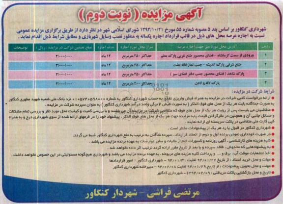 آگهی مزایده,مزایده نسبت به اجاره عرصه محل های