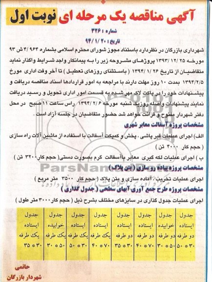 آگهی مناقصه یک مرحله ای, مناقصه اجرای عملیات قیرپاشی، پخش و کمپکت آسفالت 