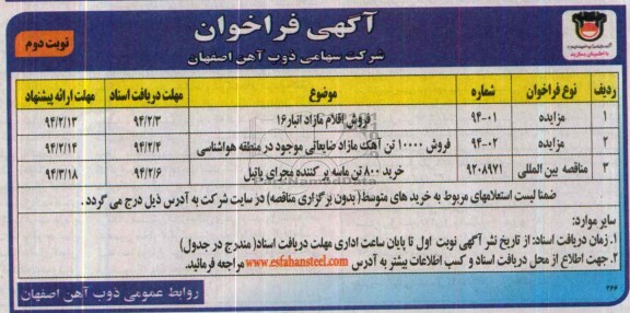 شرکت سهامی ذوب آهن اصفهان , شرکت سهامی ذوب آهن اصفهان فروش اقلام مازاد انبار