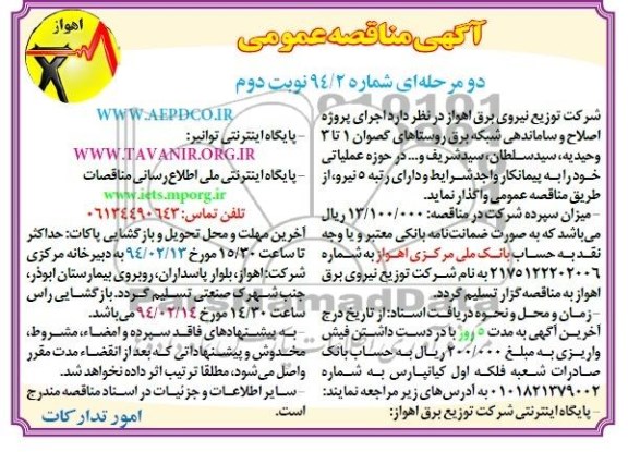 مناقصه عمومی دو مرحله ای , مناقصه  پروژه اصلاح و ساماندهی شبکه برق روستاهای گصوان