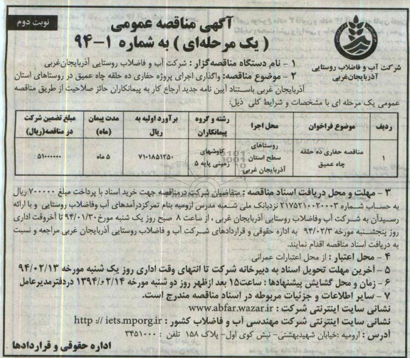 آگهی مناقصه عمومی, مناقصه  واگذاری اجرای پروژه حفاری ده حلقه چاه عمیق 