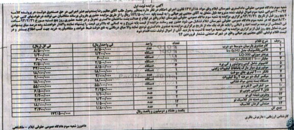 آگهی مزایده , مزایده فروش گاوصندوق و فاکس و ...