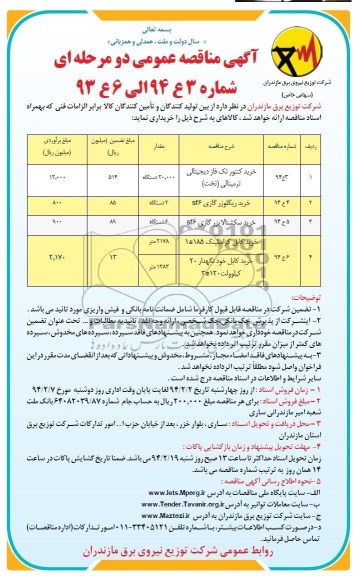 مناقصه , مناقصه خرید کنتور تک فاز دیجیتالی ترمینالی (تخت )