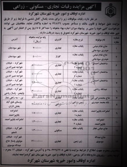 مزایده , مزایده رقبات تجاری - مسکونی - زراعی