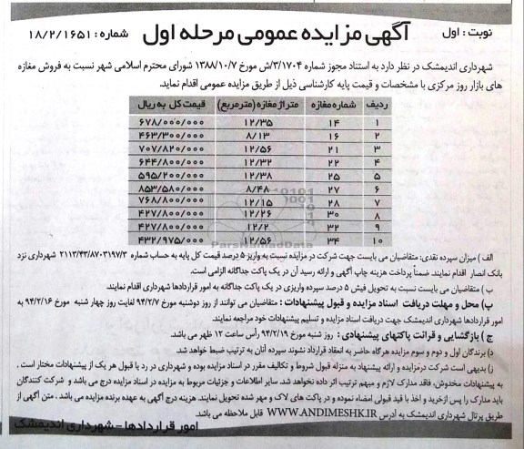 مزایده,مغازه های بازار روز
