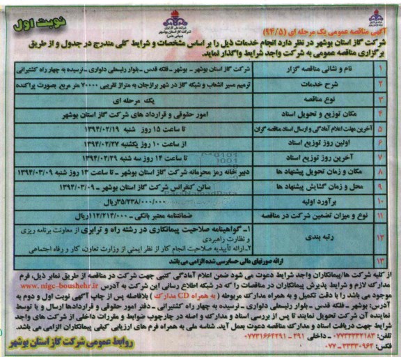 آگهی مناقصه عمومی یک مرحله ای , مناقصه ترمیم مسیر انشعاب و شبکه گاز در شهر...