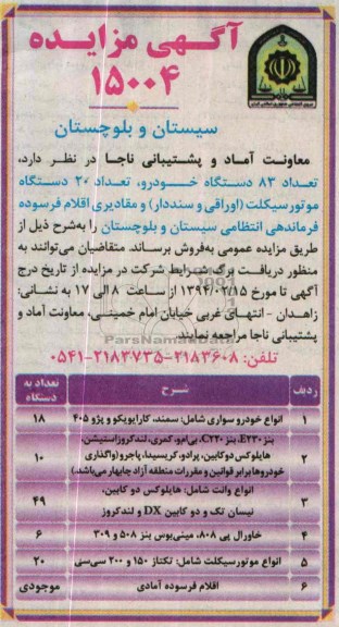 مزایده , مزایده تعداد 83 دستگاه خودرو، تعداد 20 دستگاه موتورسیکلت 