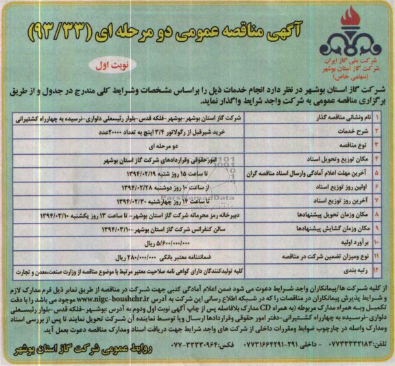 مناقصه , مناقصه خرید شیر قبل از رگولاتور 4/3 اینچ 