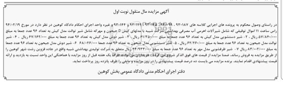 مزایده مال منقول , مزایده مال منقول شیر توالت مدل کیش به تعداد 96 عدد