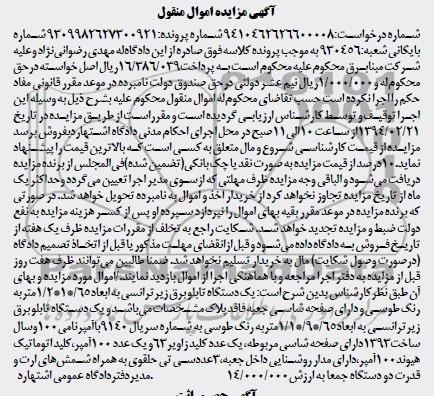 مزایده اموال منقول , مزایده اموال منقول یک دستگاه تابلو برق زیر ترانسی