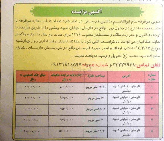مزایده , مزایده تعداد 5 باب مغازه موقوفه
