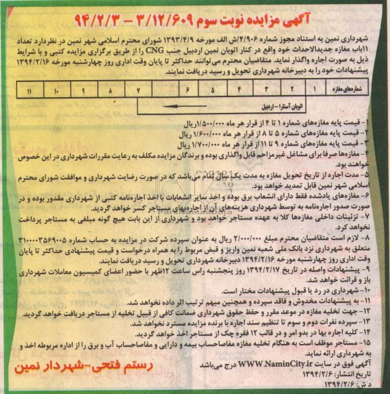 آگهی مزایده , مزایده واگذاری تعداد 11 باب مغازه جدیدالاحداث 