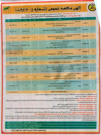 آگهی مناقصه عمومی,مناقصه  خرید قطعات داغ توربین های گازی 