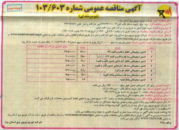 مناقصه , مناقصه خرید انواع کنتور 