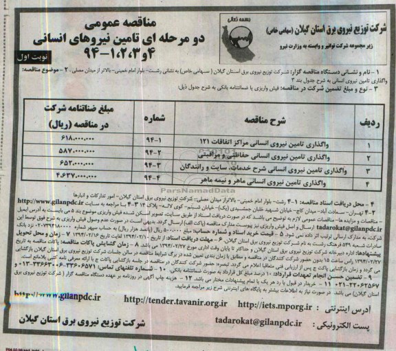 مناقصه , مناقصه  واگذاری تامین نیروی انسانی مراکز اتفاقات 121