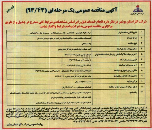 آگهی مناقصه عمومی یک مرحله ای , مناقصه تهیه ، مصالح ساخت و نصب 1000 فقره انشعاب