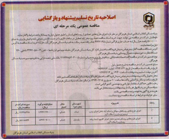 اصلاحیه , مناقصه اجرای طرح هادی روستاها