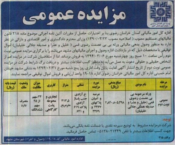 مزایده,عرصه و اعیان پلاک