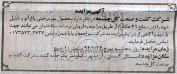 مزایده , مزایده محصول سردرختی باغ آلو و شلیل