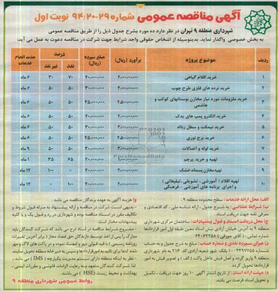 مناقصه , مناقصه خریداقلام گیاهی