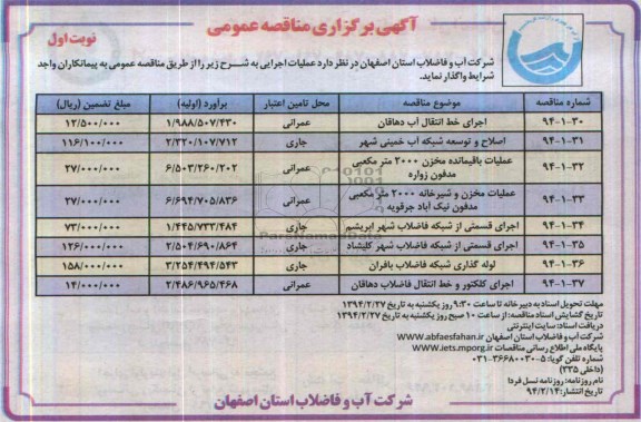 آگهی برگزاری مناقصه عمومی ,مناقصه اجرای خط انتقال آب 