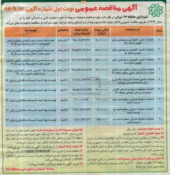 آگهی مناقصه عمومی , مناقصه عملیات تعمیر نگهداری و بهسازی معابر شهری...