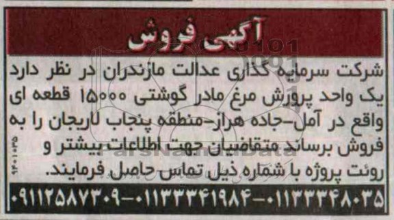 مزایده , مزایده یک واحد پرورش مرغ مادر گوشتی 15000 قطعه ای