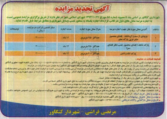 آگهی تجدید مزایده,مزایده نسبت به اجاره عرصه محل های