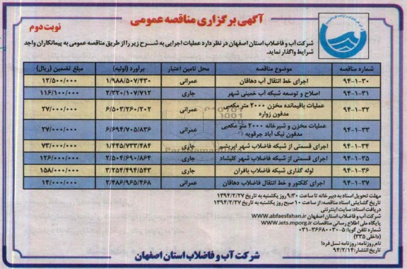 آگهی برگزاری مناقصه عمومی ,مناقصه اجرای خط انتقال آب 