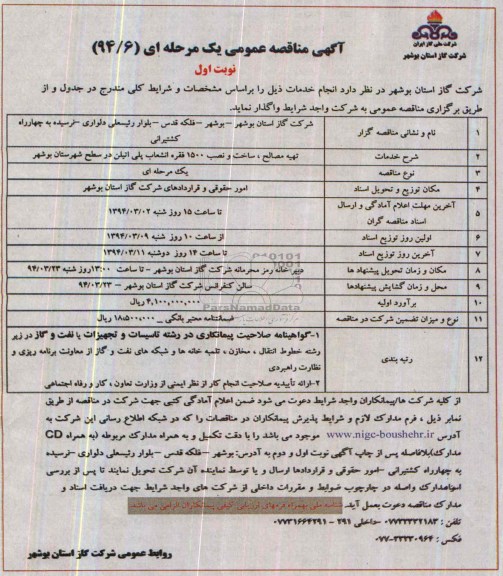 مناقصه عمومی یک مرحله ای , مناقصه عمومی یک مرحله ای تهیه مصالح ، ساخت و نصب 15000 فقره انشعاب پلی اتیلن