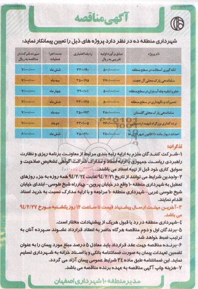 آگهی مناقصه, مناقصه لکه گیری آسفالت 