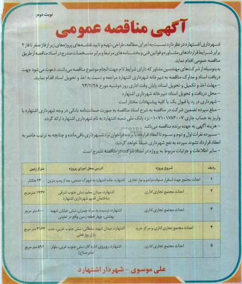 آگهی مناقصه عمومی, مناقصه اجرای مطالعه، طراحی، تهیه و تایید نقشه های پروژه های احداث مجتمع 