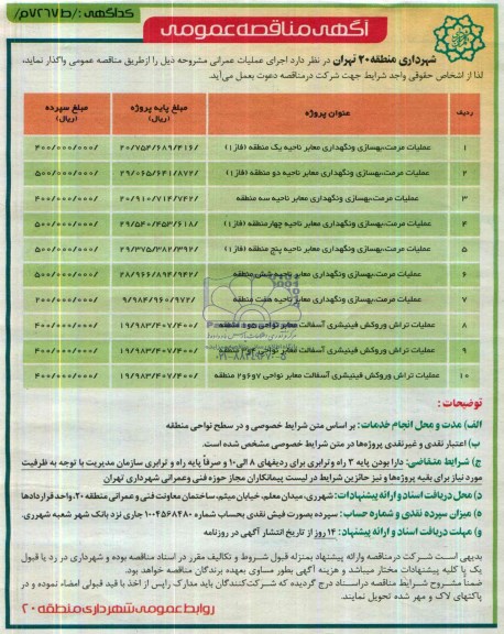 آگهی مناقصه عمومی, مناقصه عملیات مرمت، بهسازی و نگهداری معابر 