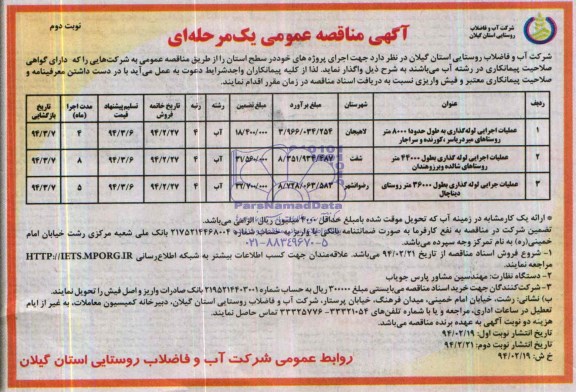 آگهی مناقصه عمومی یک مرحله ای , مناقصه عملیات اجرایی لوله گذاری
